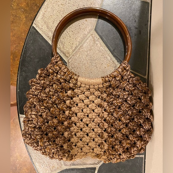 Vintage Handbags - Vintage Handmade Macrame Round Handle Tote Bag Brown Tan 12.5”x15”